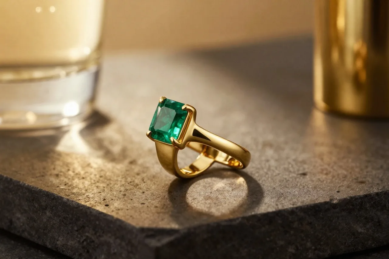 Bague en or sertie d'une émeraude, vue de studio