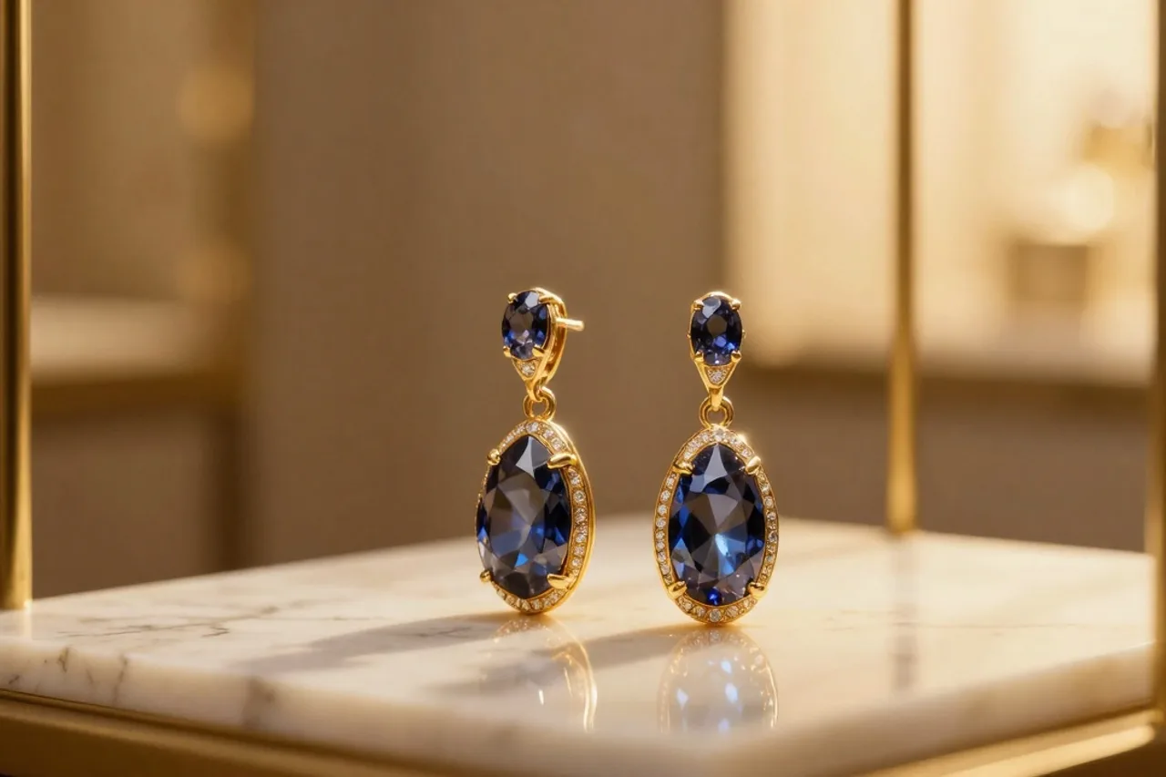 Boucles d'oreilles en or et saphirs sur marbre